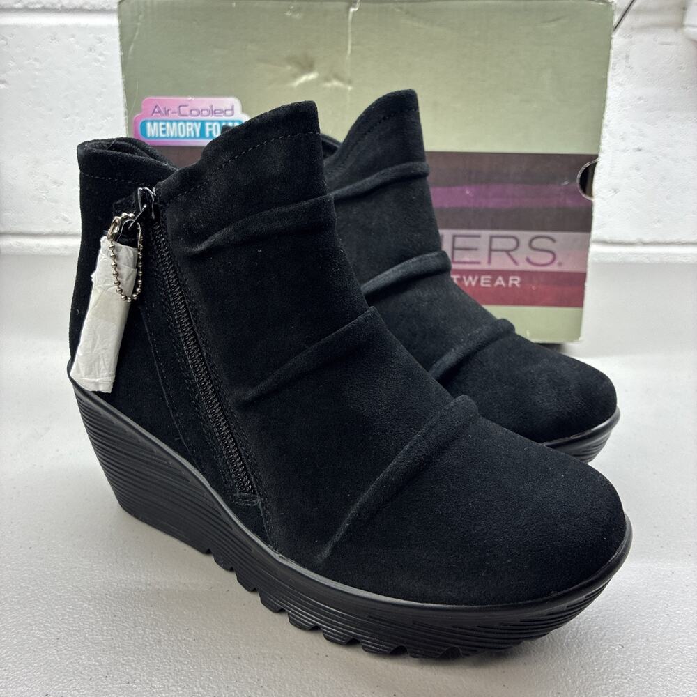 Skechers Boots Womens Size 6 Black Suede Ankle Wedge Zip Booties Comfort 48733